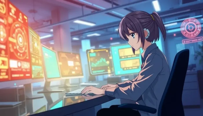 An anime character in a futuristic office with glowing interfaces and holographic displays.