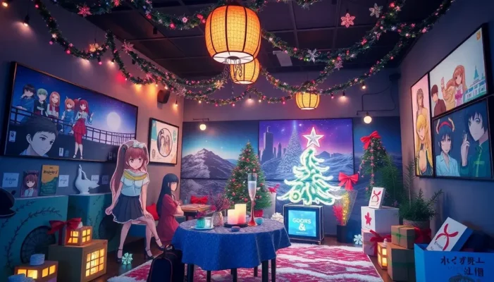 Anime-themed party setting with character cutouts, dim lighting, and colorful decorations.