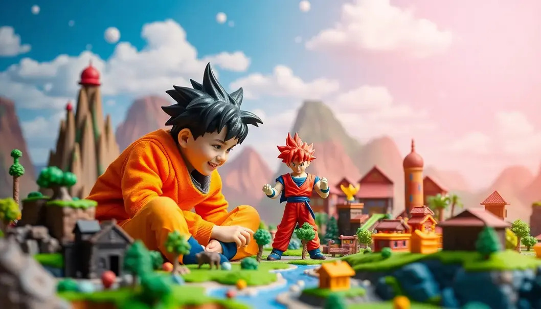A child creating an imaginative world with anime action figures.