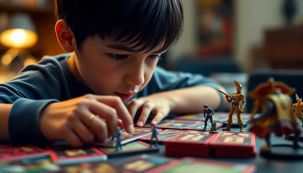 A child creating an imaginative world with anime action figures.