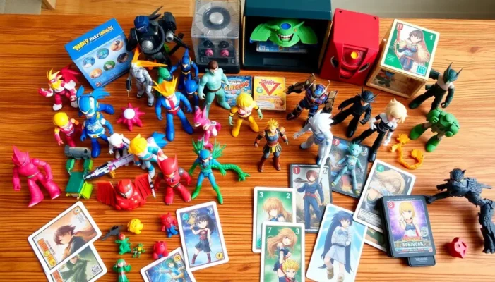 A collage of anime action figures and card games on a table.