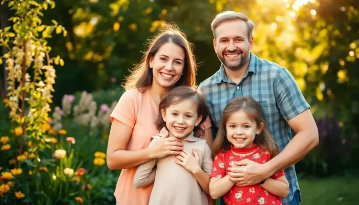 Happy family together in a sunlit garden, depicting harmony and resilience.