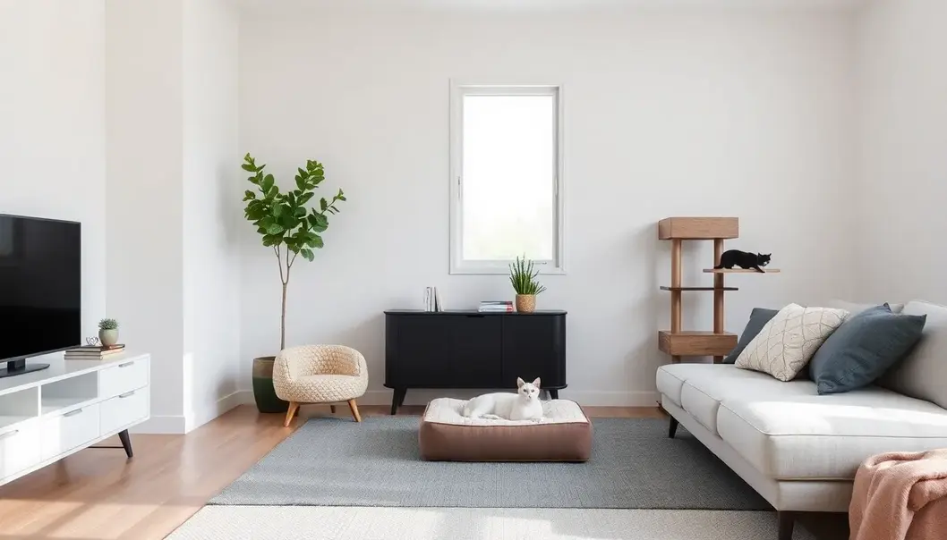 A minimalist living room design featuring pet-friendly furniture.