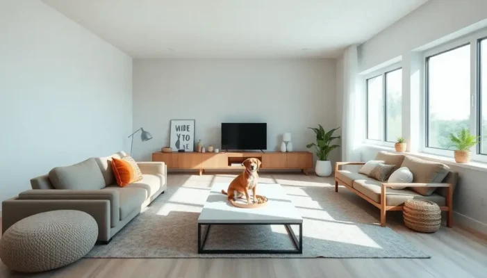 A well-designed minimalist room that blends functional pet-friendly elements.