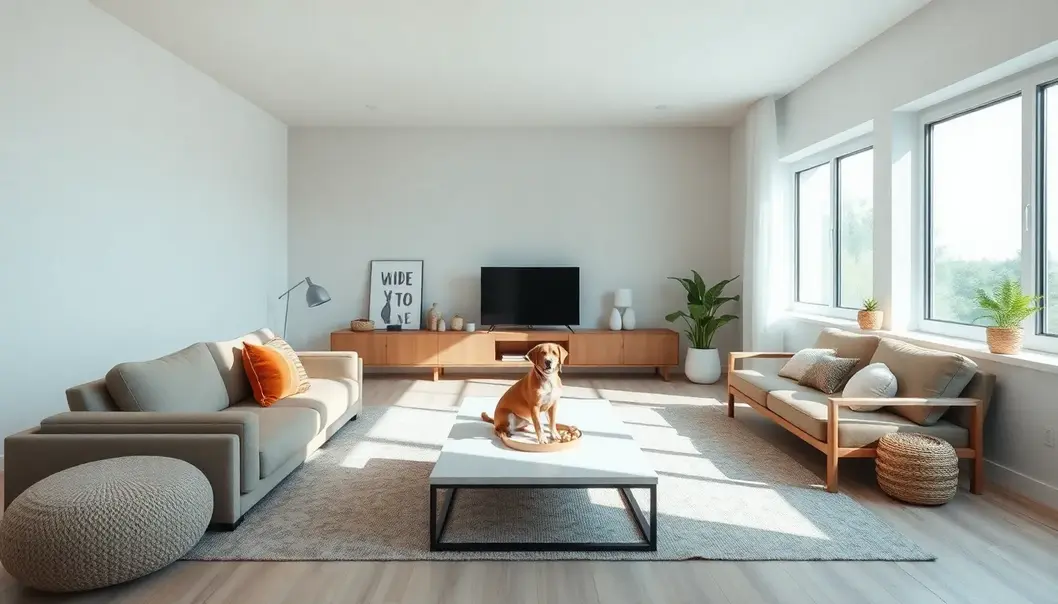 A well-designed minimalist room that blends functional pet-friendly elements.