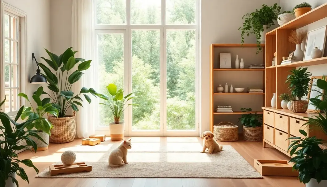 A minimalist living room design featuring pet-friendly furniture.