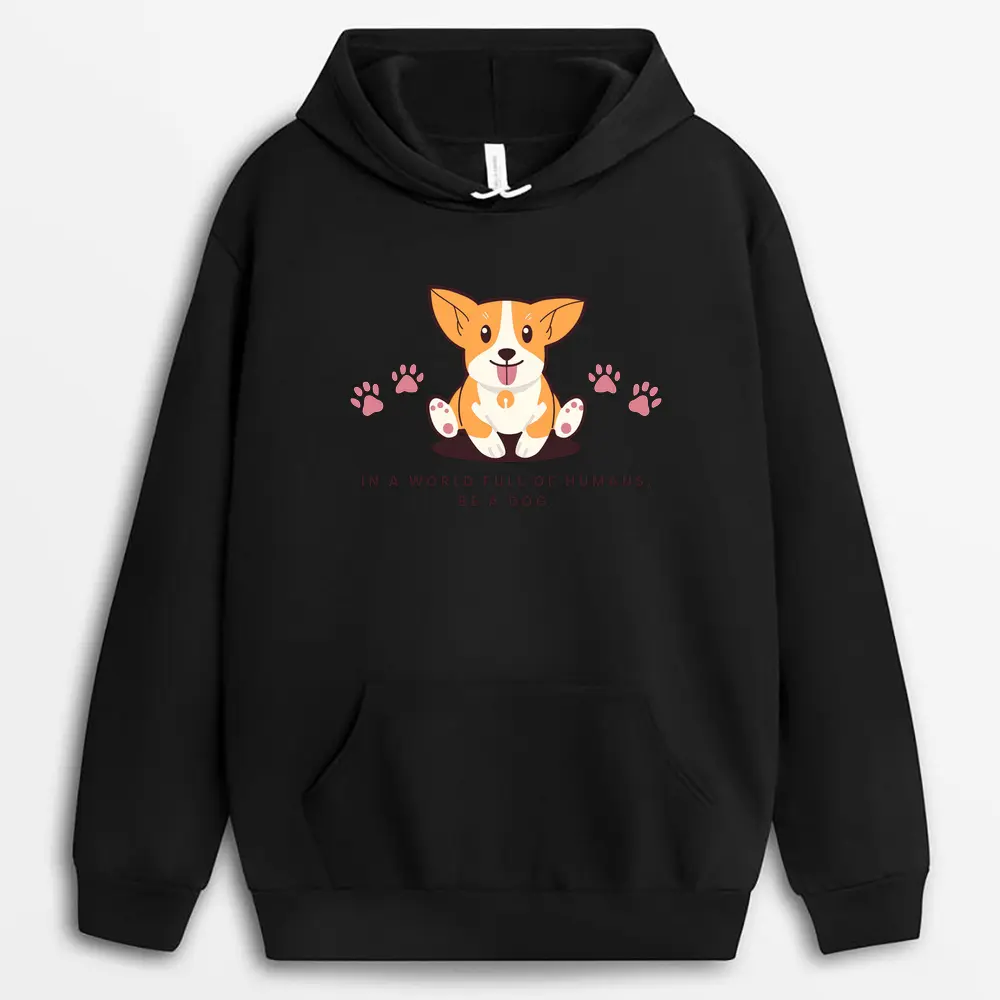 Black fleece hoodie featuring playful corgi illustration and bold text print