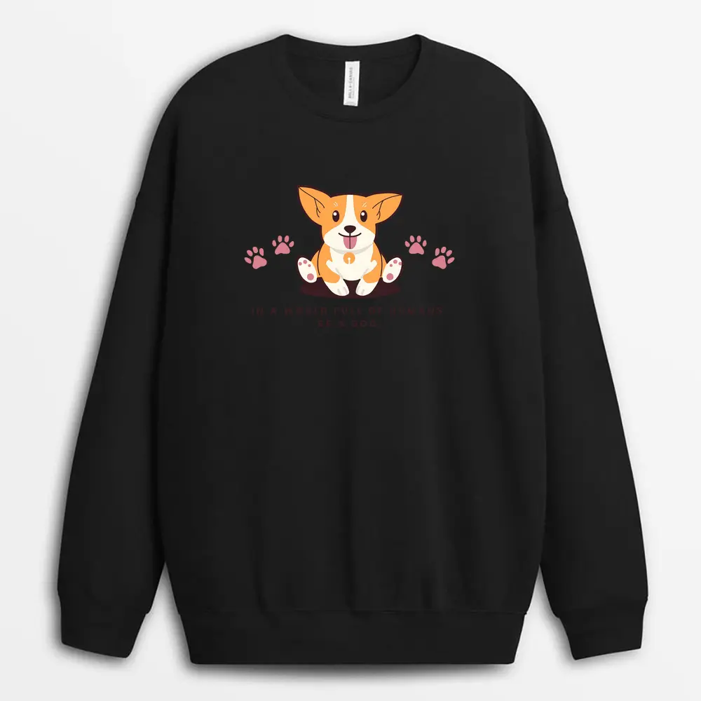 Black crewneck sweatshirt with minimalist paw outline and joyful message