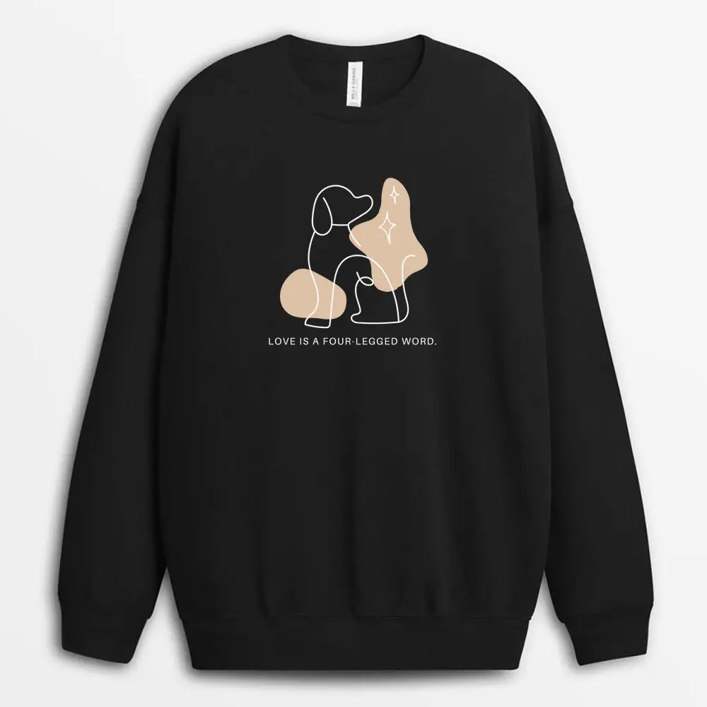 Black sweatshirt with central pawprint and love-themed typography