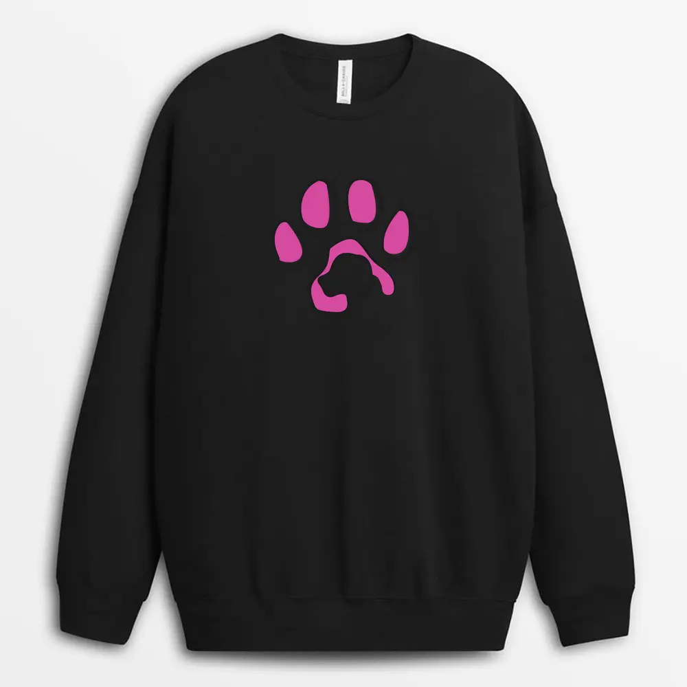 Black sweatshirt with faith-inspired paw logo in white ink