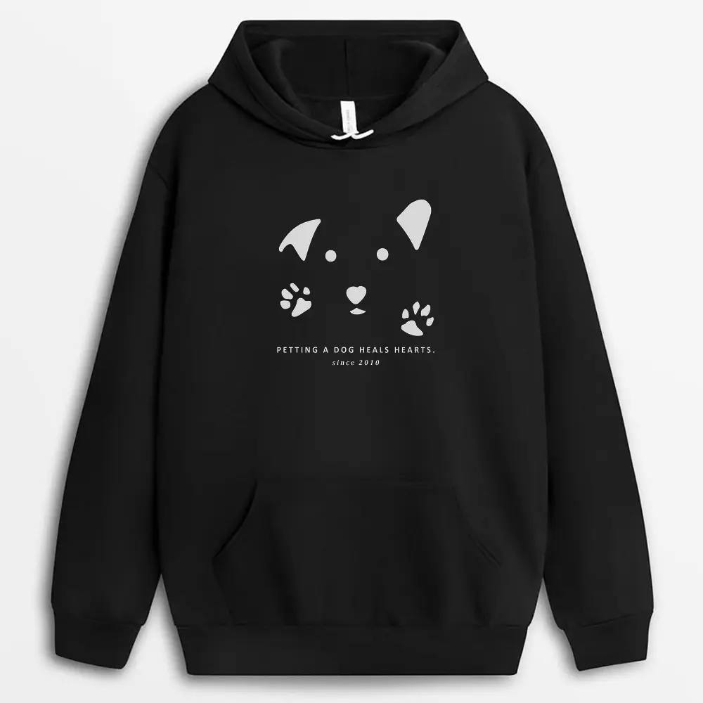 Black hoodie with graphic of a dog hug and comforting text