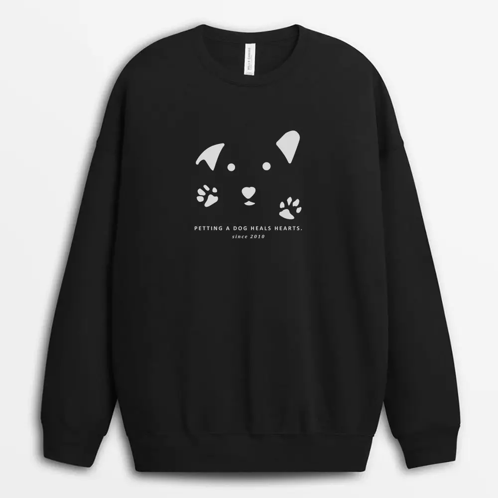 Black crewneck sweatshirt with small paw graphic on chest area