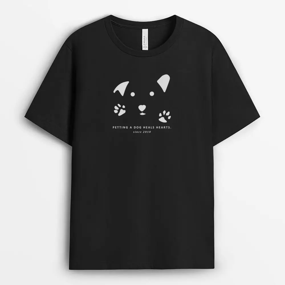Black T-shirt with hand and paw touching illustration for healing theme