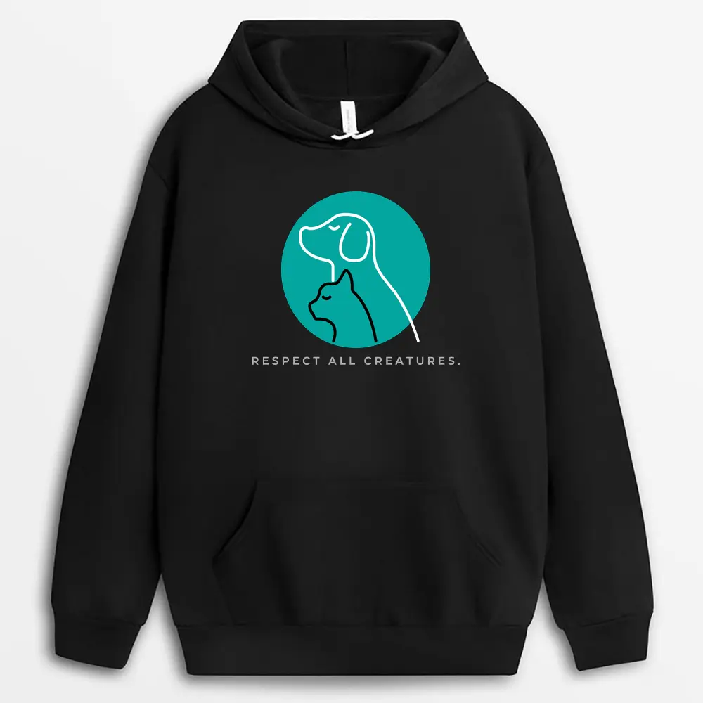 Black hoodie with bold “Respect All Animals” lettering and icon set