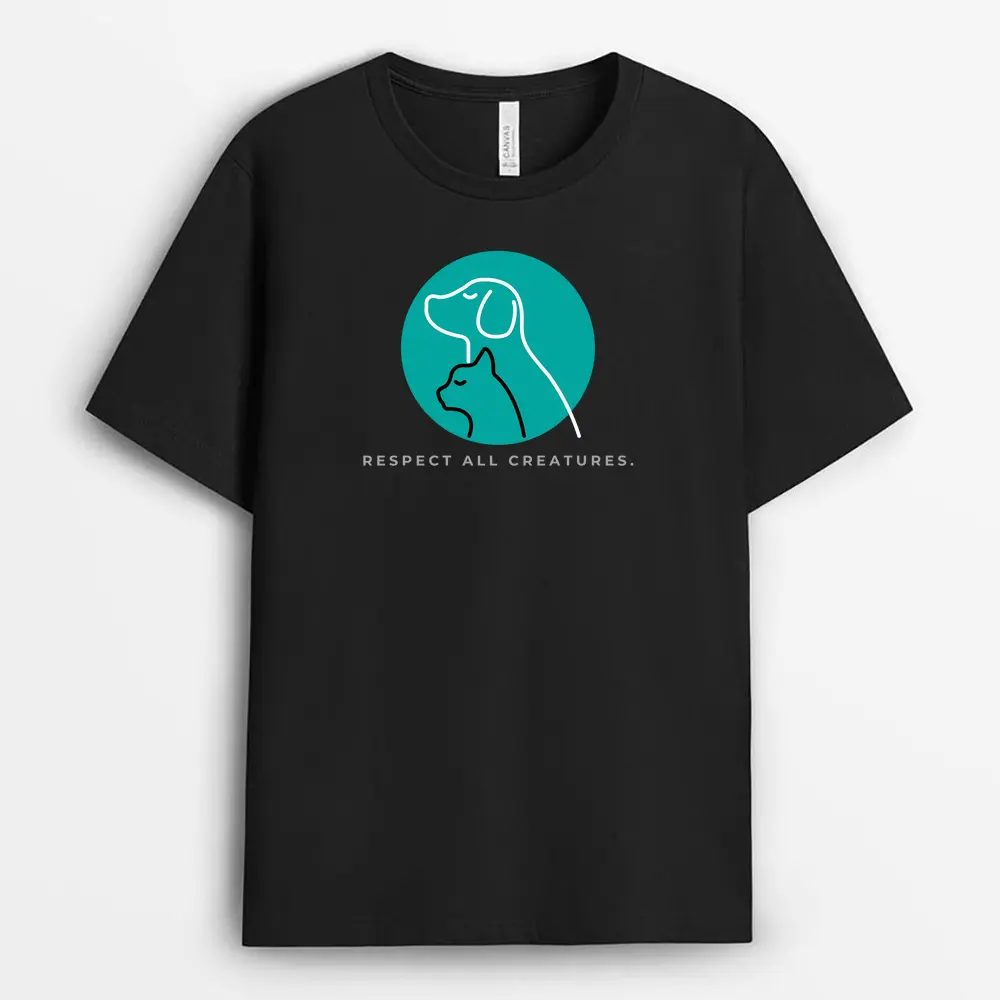 Black cotton T-shirt with “Kind to All” text and animal silhouettes